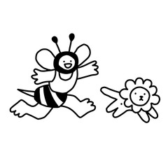 Fototapeta premium Minimalist run: bee-kid chases a flower lion, monochrome line.