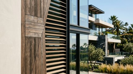 Fototapeta premium Modern Residential Building Exterior with Glass Windows and Wooden Elements.