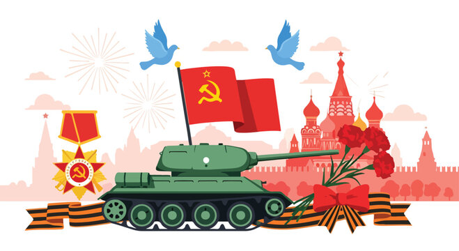 A green tank with a soviet flag on top