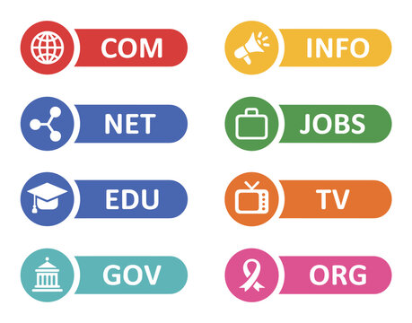 Web Domain Extension Icons: A colorful collection of professional website domain suffix buttons including com, net, edu, gov, info, jobs, tv.