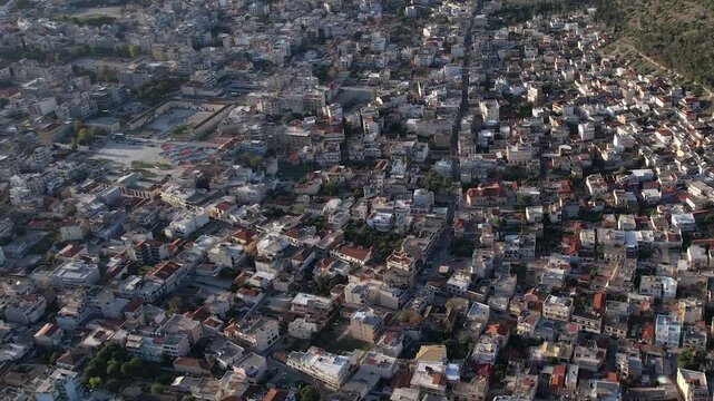 Aerial view of the downtown above the city Argos in Greece. On a sunny morning in autumn. 