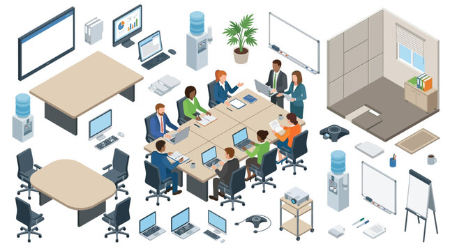 modern office workspace with team members collaborating around a conference table equipped with laptops and digital devices