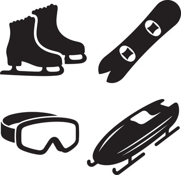 Winter sports equipment featuring ice skates, snowboard, goggles, and bobsled