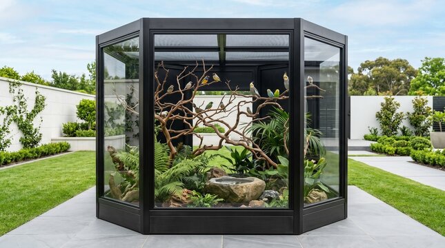 Modern hexagonal glass bird aviary in a luxury garden with colorful tropical birds perched on branches, natural daylight, serene outdoor landscape design, high-end pet sanctuary.