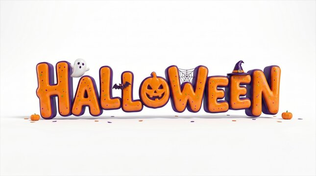 3D Halloween Text Design with Cute Spooky Elements and Pumpkins