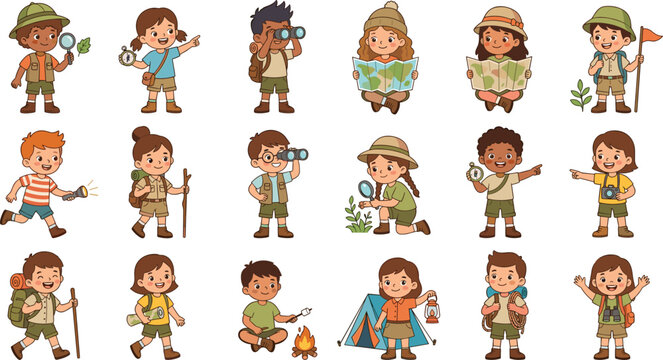 Diverse cartoon kids camping and scout character bundle featuring tent camping, reading world maps, exploring nature with binoculars, and roasting marshmallows