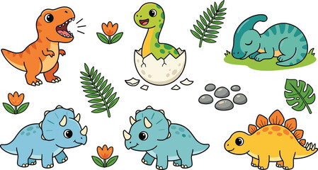 Cute Cartoon Baby Dinosaurs Hatching Egg Triceratops and Prehistoric Leaves Vector Clipart Set © Kuddus