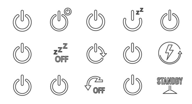 Collection of power button icons and symbols for technology and energy
