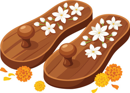 Wooden Paduka with Flowers Guru Purnima
