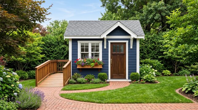 Modern Blue Garden Shed Tiny House Backyard Studio with Brick Pathway Lush Landscaping Luxury Outdoor Living Space Peaceful Residential Architecture Design Sunny Daylight Concept