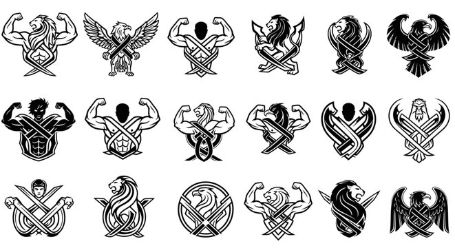 Collection of stylized emblematic icons with animals and human figures