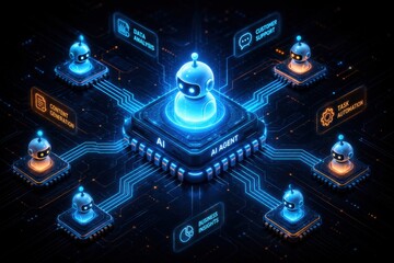 Fototapeta premium AI agents work on tasks like data analysis, customer support, content generation, and task automation