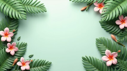 Fototapeta premium Tropical leaves and pink flowers arranged on a mint green background as a frame. Nature layout with copy space for invitation card design or summer greeting concept. Botany element.