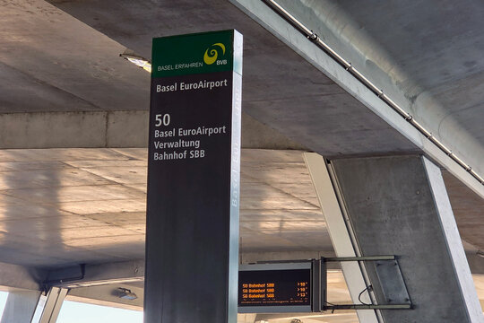 Basel, Switzerland, May 22, 2026: Basel EuroAirport Bus Stop Sign at Transportation Hub in Basel, Switzerland