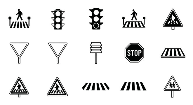 Collection of traffic and pedestrian road signs and symbols