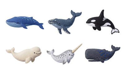 Cute Felt Fabric Whale Figurines Collection Featuring Various Marine Mammal Species Like The Orca Narwhal And Humpback For Kids Play © OKM Studio