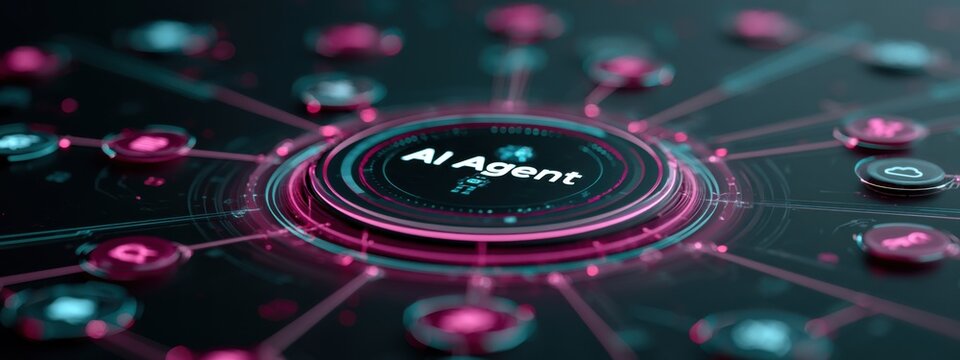 Network of AI agents connected through technology with various icons on display