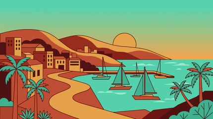 Obraz premium Minimalist Mediterranean Harbor Vector Illustration at Sunset