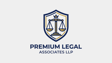 Obraz premium A logo of Premium Legal Associates LLP features scales and a crown on a shield with text underneath.