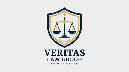 Fototapeta premium A law firm's logo featuring a shield with scales of justice is displayed prominently.