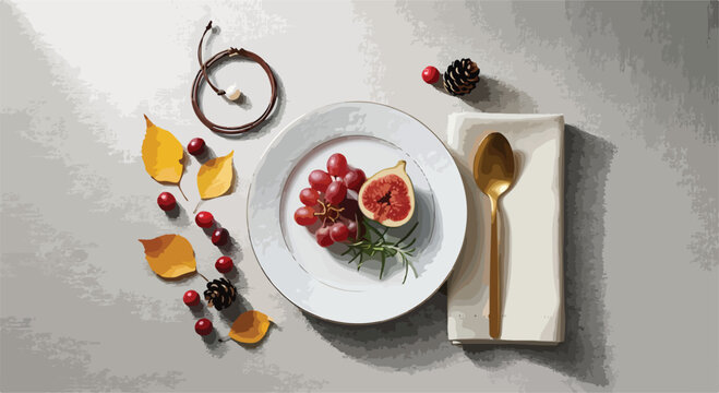 A plate with grapes, fig, and rosemary, surrounded by autumn decor