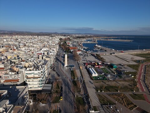 Panoramic aerial view of Alexandroupolis seaside cityscape and coastline in Greece