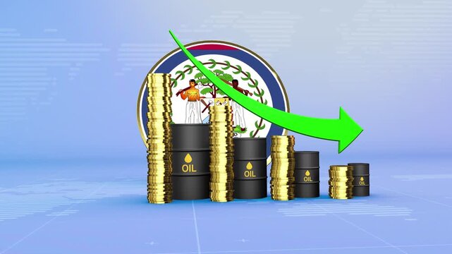 Belize Oil Prices Decline with Oil Barrels, Gold Coins and Downward Green Arrow, 3D Economic and Financial Market Concept
