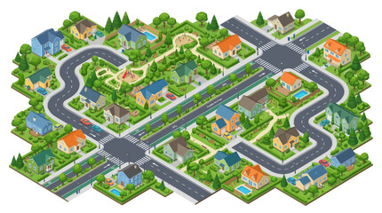 Fototapeta premium Colorful suburban neighborhood with winding roads, diverse homes, lush green trees, swimming pools, and neatly landscaped yards