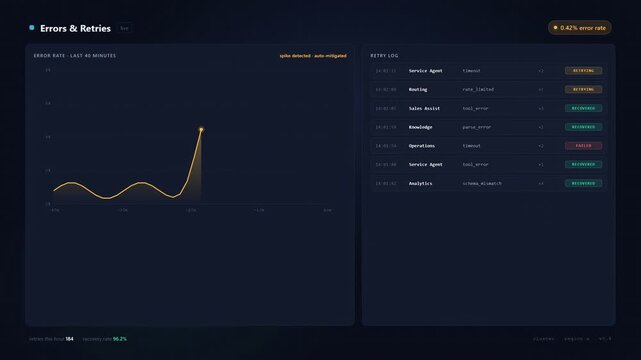 Animated Errors & Retries Dashboard UI. Dark mode interface showing error rate graph, spike detection, auto-mitigation, and retry logs for system monitoring.
