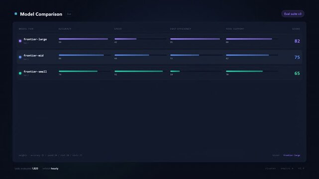 Animated Multi-Model LLM Comparison Dashboard UI. Dark mode interface showing AI model performance metrics, cost analysis, latency, and routing for enterprise workflows.
