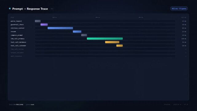 Animated LLM Prompt Response Trace Dashboard UI. Dark mode interface with waterfall timeline chart for AI latency monitoring and performance debugging.

