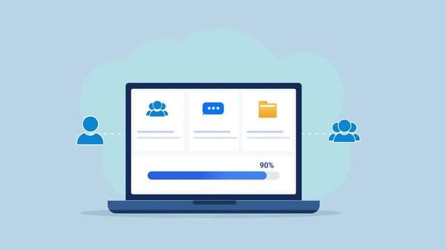 Animated flat vector illustration of a laptop displaying a customer workspace dashboard with team collaboration, messaging, and file management cards. Modern CRM, customer management, and business tec