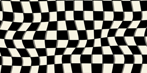 Obraz premium Trippy abstract wavy checkerboard black and white pattern. Optical illusion retro background, vector illustration