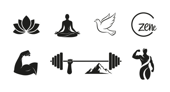 Wellness and strength symbols including lotus meditation dove barbell and muscular figure
