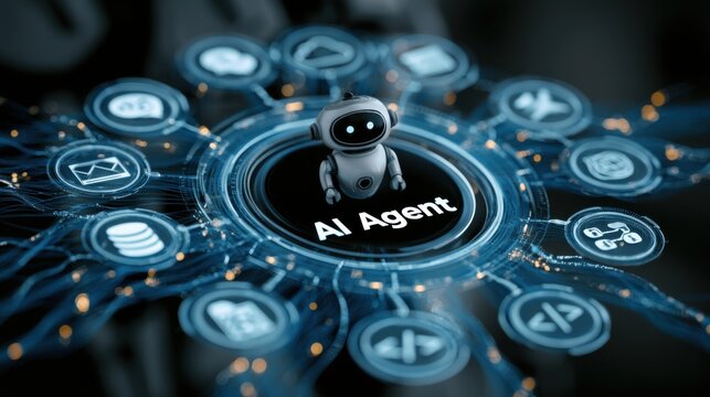 Digital representation of an AI agent with various icons connected in a network design