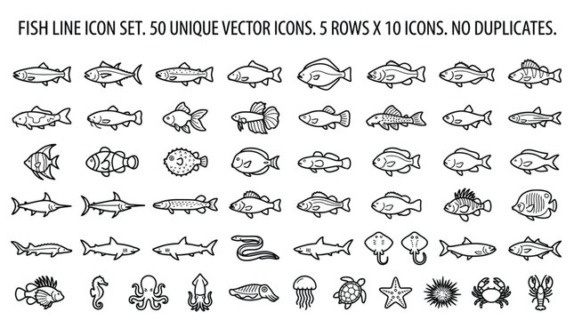 Collection of fifty unique vector fish outline icons.