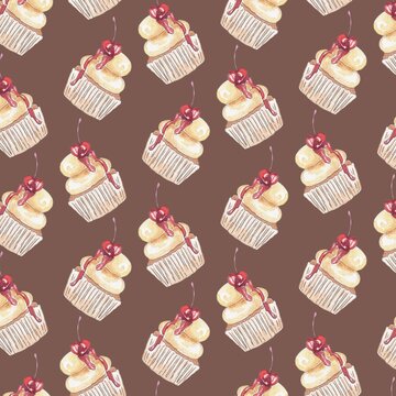 Seamless Hand-Drawn Pattern of Sweet Cupcakes with Vanilla Cream and Red Cherry Topping on Beige Background