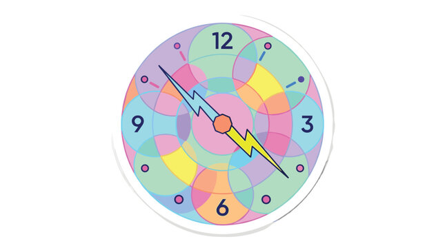 Colorful modern round wall clock with lightning bolt hands.