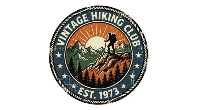 Vintage hiking club badge illustration with mountain landscape and retro outdoor style for apparel, merchandise, travel branding, and adventure projects