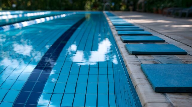 A serene swimming pool lane features neatly aligned mats highlighting natural textures and colors creating a peaceful and relaxing environment