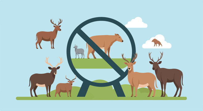 A prohibition sign featuring animals on a green landscape
