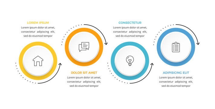Linear step sequence infographic template with four circular elements connected by directional arrows
