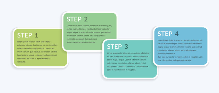 Horizontal step sequence infographic template featuring four overlapping rectangular blocks arranged in a progressive layout