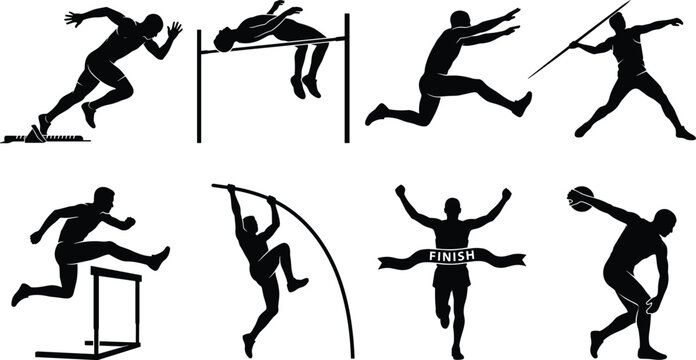 Track and Field Athletes Black Silhouette Vector Icon Set Featuring Athletics Sports Events Isolated on White Background