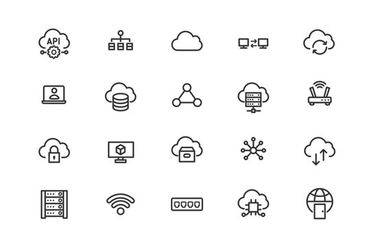 Cloud computing, data storage and network technology line icon set. Vector icons for web, infrastructure, internet connection, server hardware, api and security.