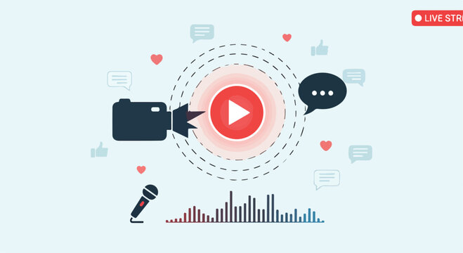 A graphic illustrating a live stream with a play button