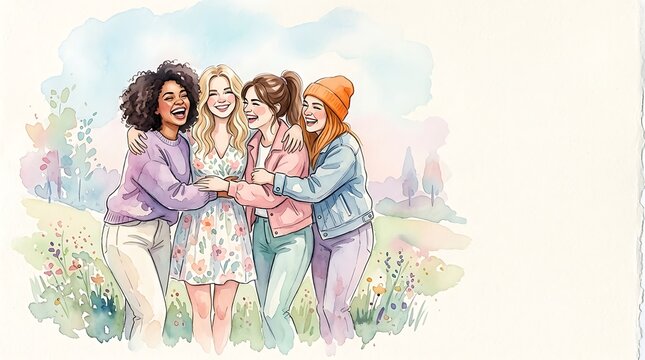 A vibrant watercolor illustration captures four diverse young women joyfully embracing amidst a blooming meadow, symbolizing strong friendship and happiness.