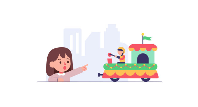 A young girl pointing at a festive parade float during a cheerful thanksgiving celebration featuring a colorful design in a modern flat minimalist aesthetic