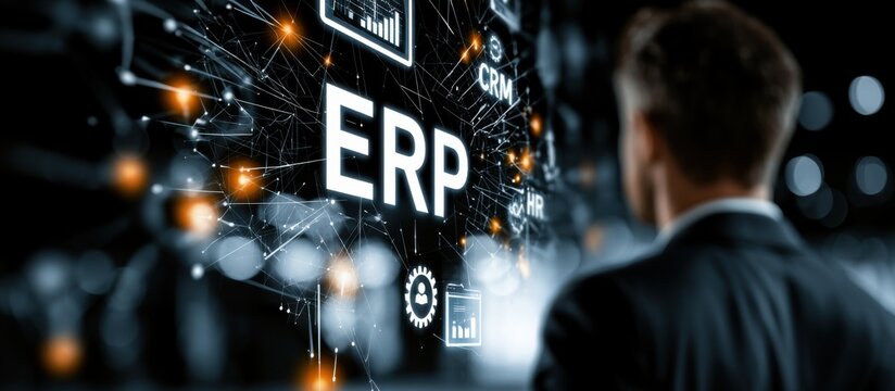 Business professional looks at digital screen showing ERP system details and business data