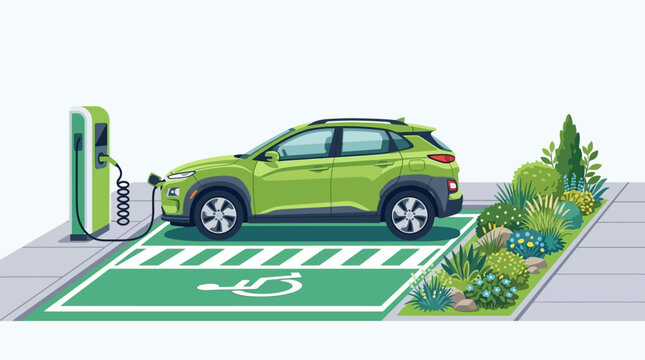 Eco-friendly electric vehicle charging station with a compact green car parked on a designated accessible parking space